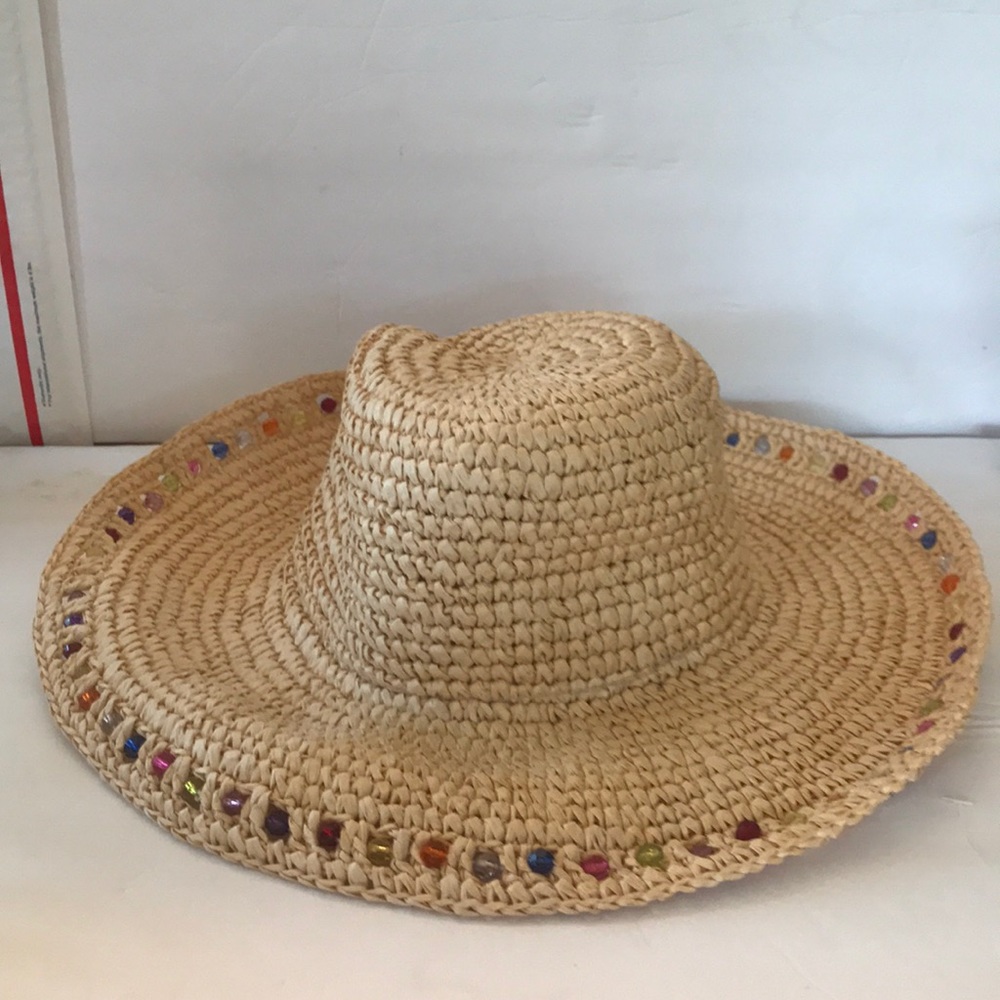 Straw Hat with Beading Beachy Boho Floppy
